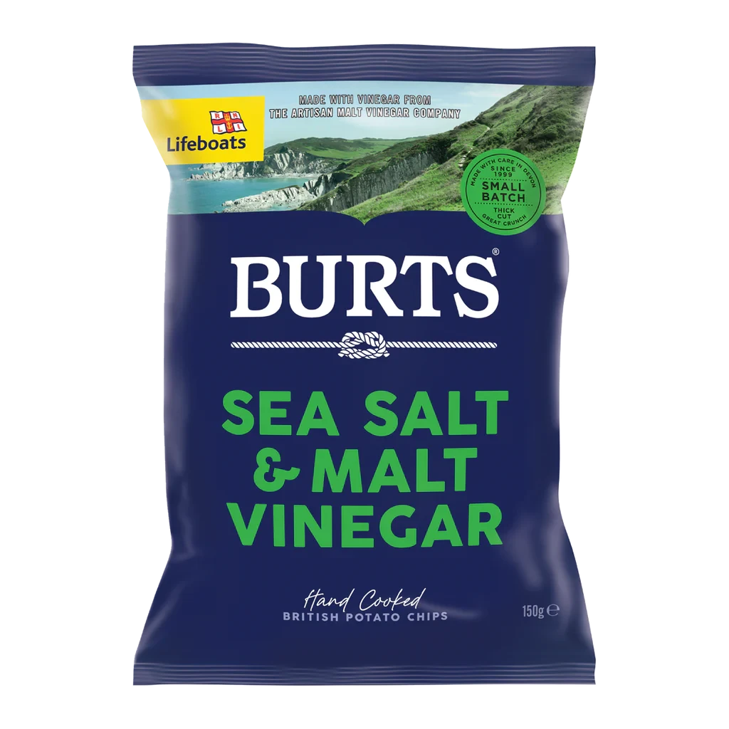 BURTS HAND COOKED POTATO CHIPS SEA SALT AND MALT VINEGAR 150G